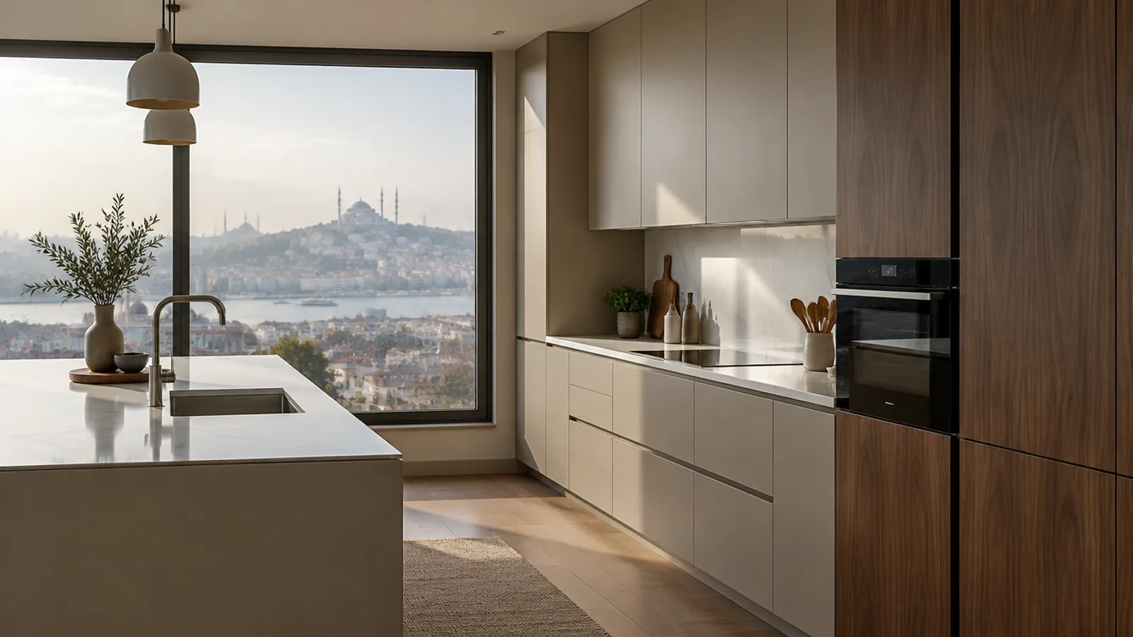 Şehir manzaralı İstanbul dairesinde tavana kadar ısmarlama mutfak dolapları