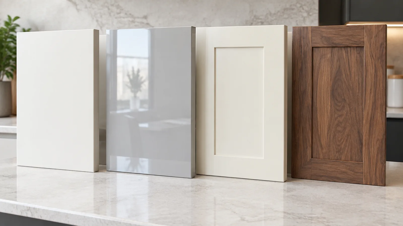 Yan yana mat lake, parlak high gloss, çerçeveli membran ve ceviz desenli kapak numuneleri