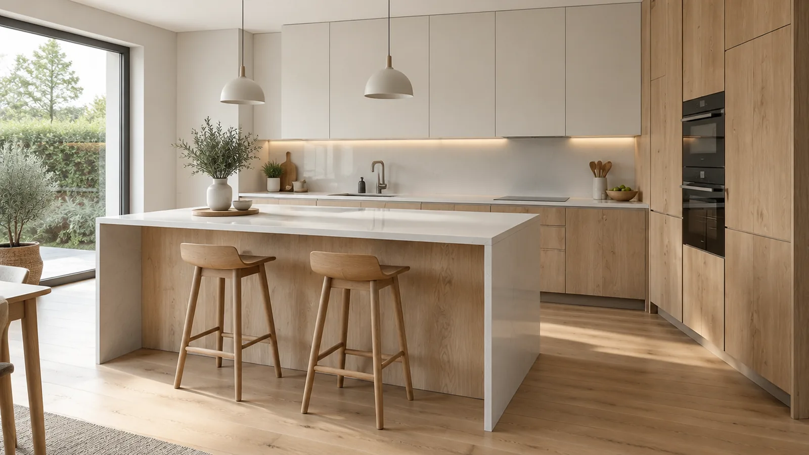 Beyaz ve meşe tonlu, adalı modern mutfak