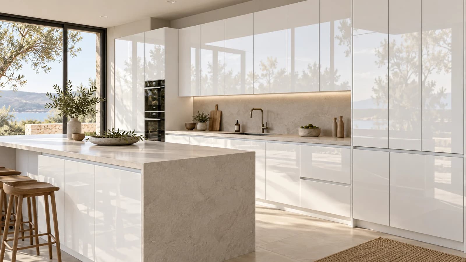 Pencere ışığını yansıtan parlak beyaz high gloss kapaklı mutfağın yapay zekâ ile hazırlanmış görünümü