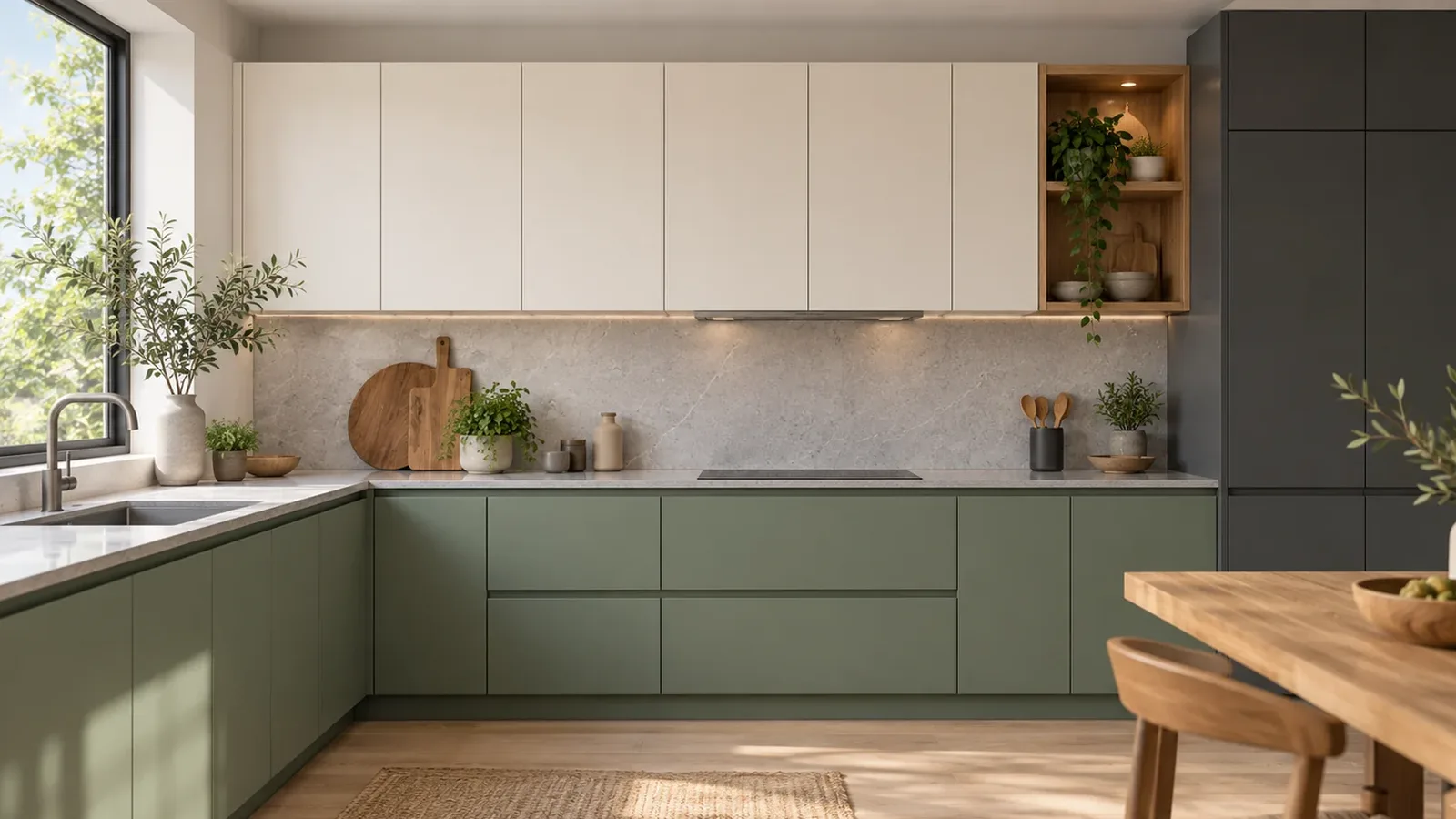 Yeşil alt, beyaz üst ve antrasit boy dolabıyla mutfak renk kombinasyonu